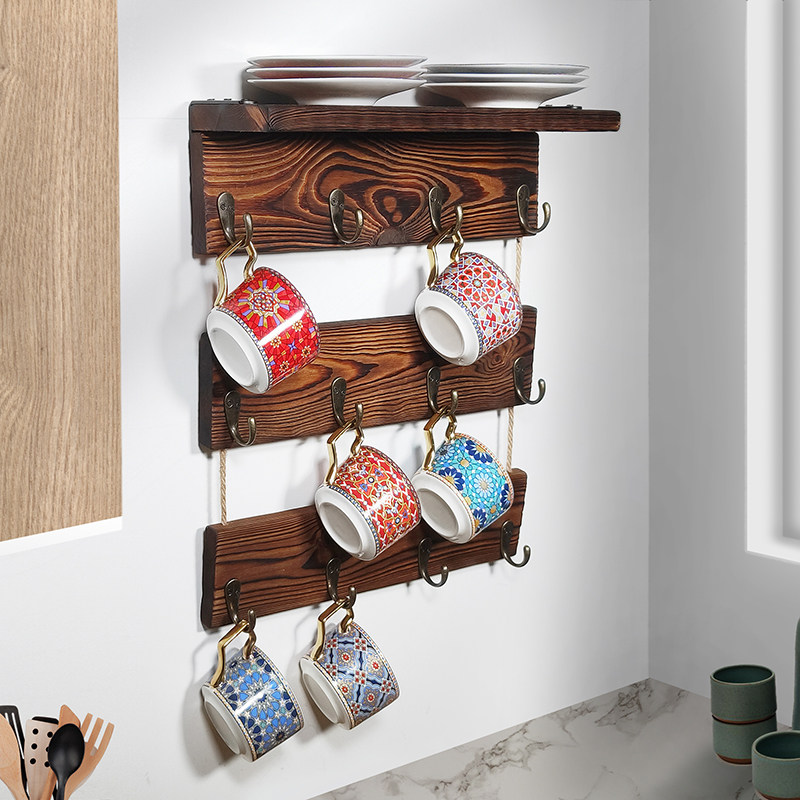 美式复古b实木杯架壁挂咖啡马克奶茶杯店收纳架创意个性厨房置物