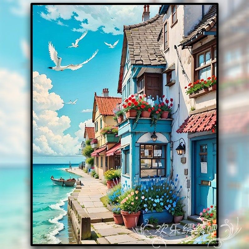 海边小镇c十字绣新款客厅线绣小幅餐厅欧式油画风景满绣手工自己