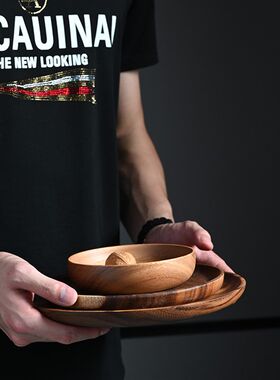 餐具套装碗盘家用日式简约木质碗中E式成套木制品一套餐具一人食