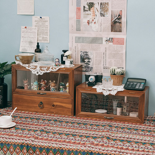 防尘复古带抽屉桌l面置物架中古水杯收纳架茶具杯子化妆品储物餐