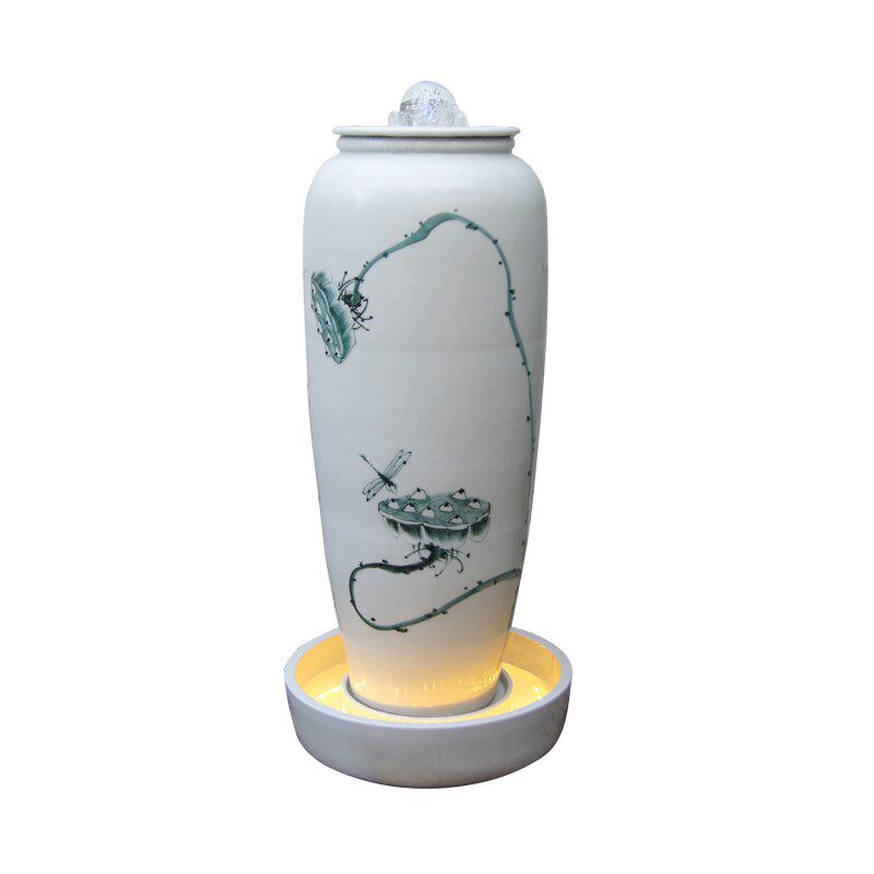 纯白色手绘水墨陶瓷流水摆件循环水景花瓶涌泉陶罐U客厅水系加湿,家居饰品,流水摆件,淘宝优惠券,粉丝福利购,淘宝优惠卷