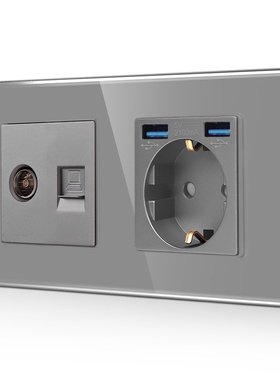 灰色USB德插带TV/CAT6功能插口欧式插座德式插座带接地俄罗斯插