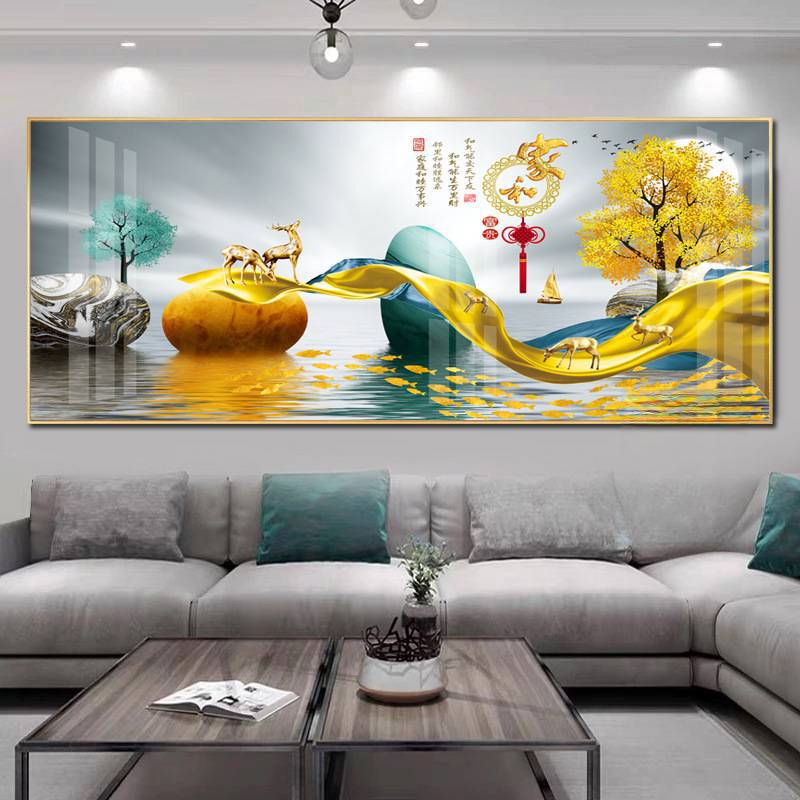 客厅装饰画家和万事兴现代油画横版玄关轻奢晶瓷沙发背景墙壁挂画图片