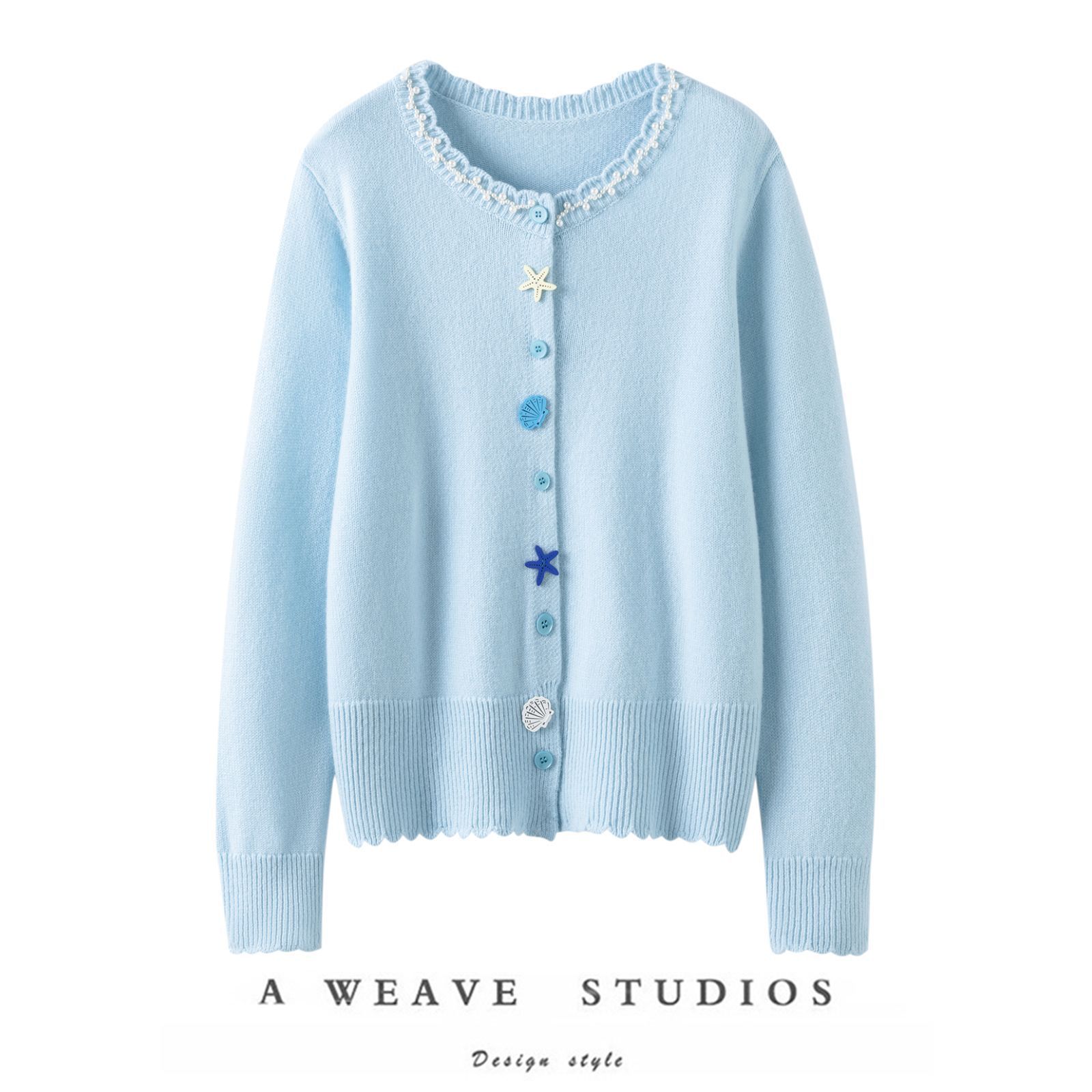 【碧波海盐】高级珍珠圆领100%山羊绒针织开衫贝壳扣子超洋气