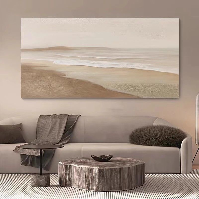 手绘油画3d立体海边风景客厅装饰画横版餐厅挂画侘寂风肌理画图片