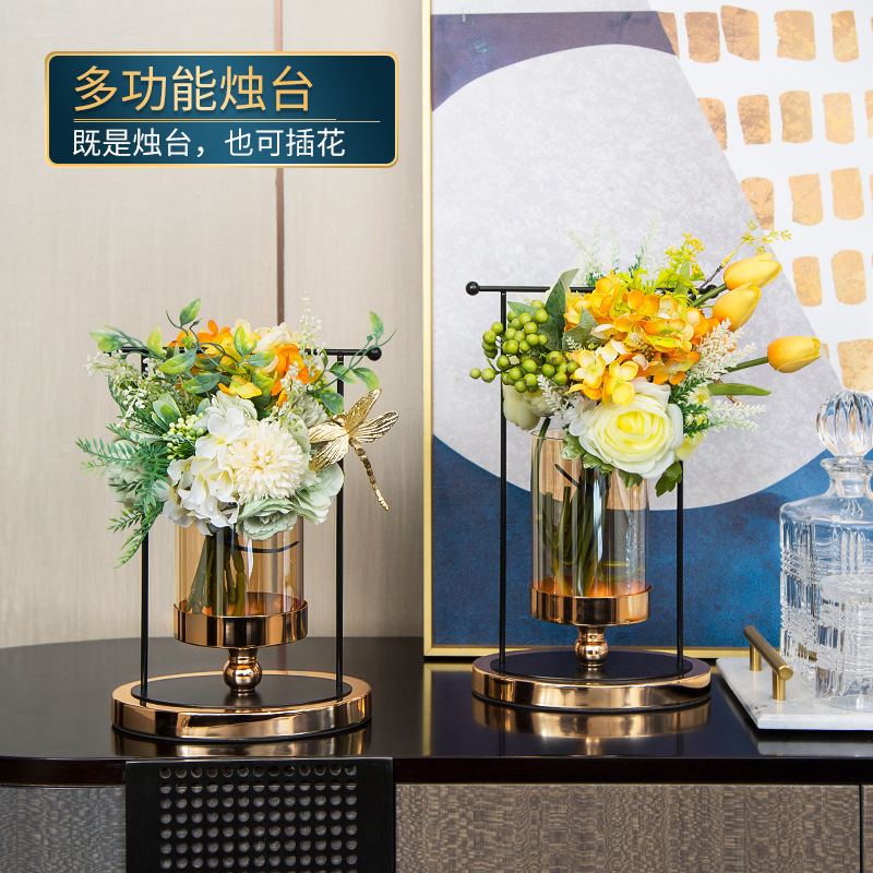 厂促厂新新中式金属烛台摆件家用客厅餐桌轻奢玻璃仿花瓶装饰品品