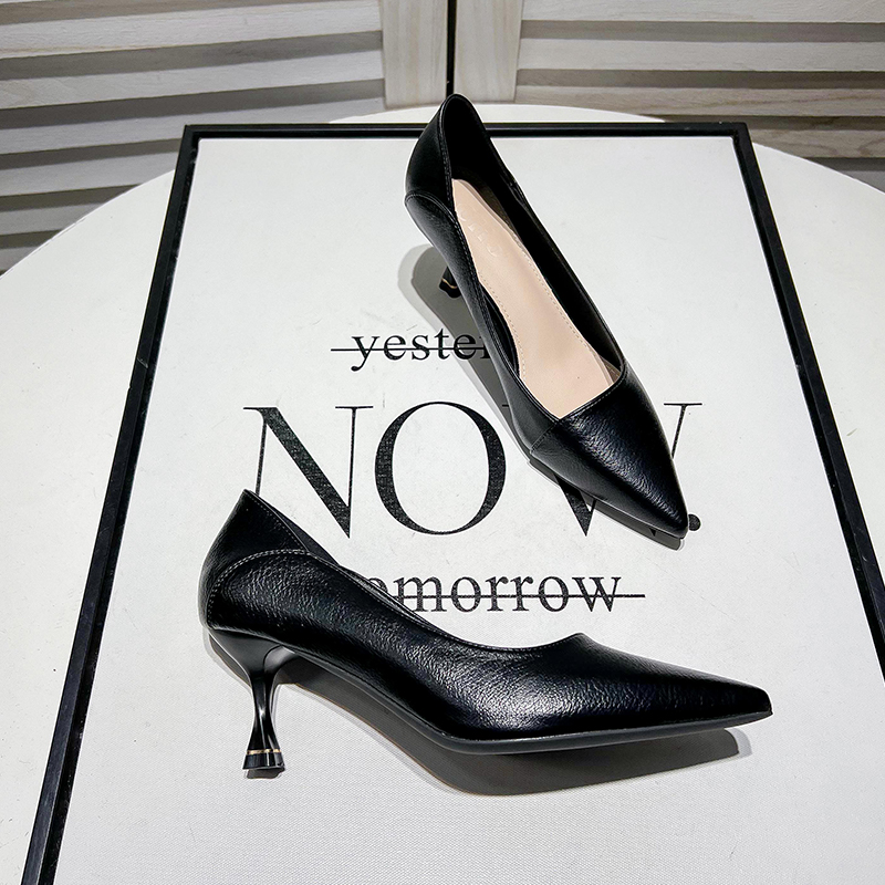 Uncle Jian中跟职业工作女鞋细跟黑色高跟鞋女尖头浅口单鞋女