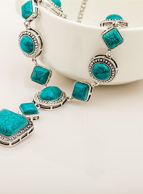 Jewelry Turquoise Necklace retro diamond round geometric sh