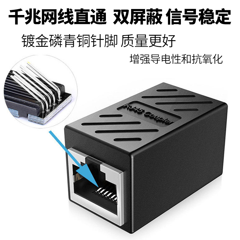 千兆网络直通头 网线延长器 RJ45网线连接器对接头8P8C屏蔽双通头