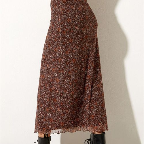 HOUZHOU Vintage Yk Floral Long Skirt Women Retro Print Mesh