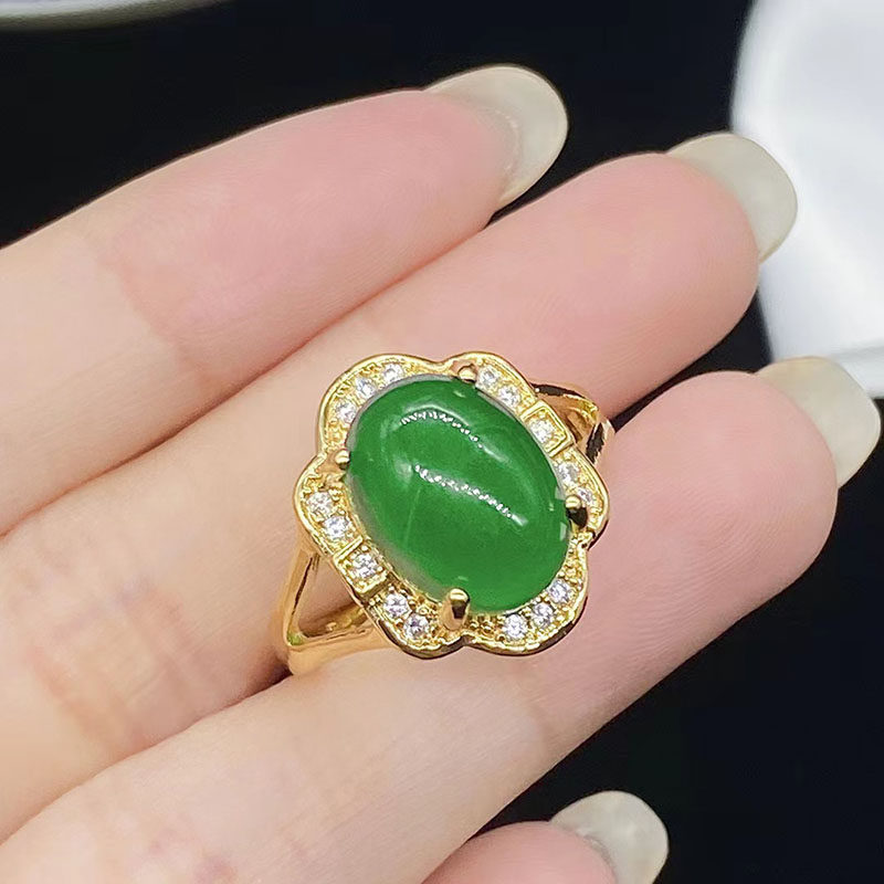MM日韩镶钻祖母绿钻玉石女生开口戒指镂空花朵方圆橄榄椭圆形生日