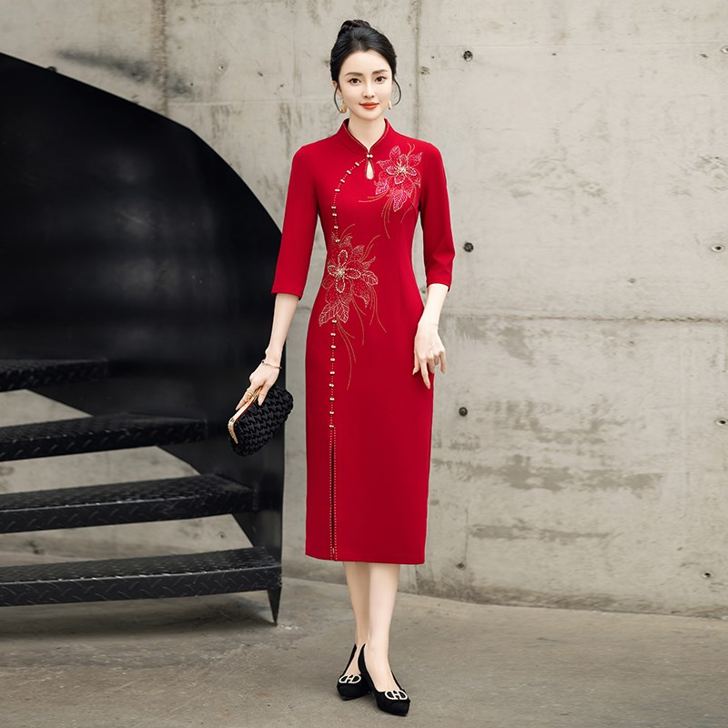 好货妈妈婚宴礼服冬季长袖2025新款喜婆婆旗袍连衣裙高端参加婚礼