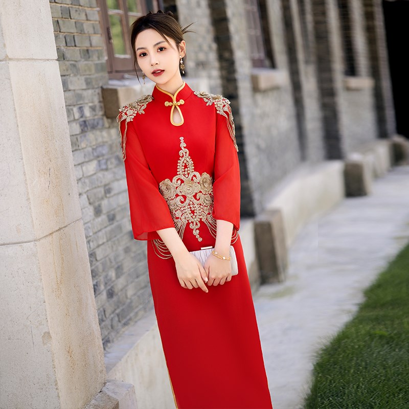 好货中国红旗袍2025新款外嫁女回娘家服装秋冬长袖礼仪礼服走秀演