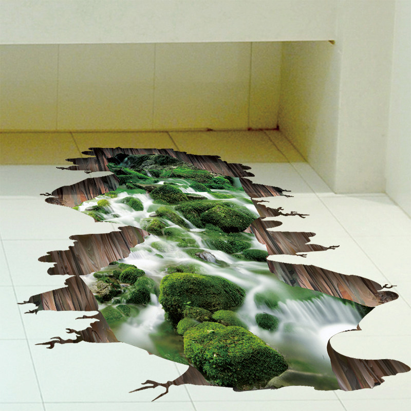 好货3d立体感墙贴纸贴画客厅厨房地板地贴溪流河流山水风景画防水