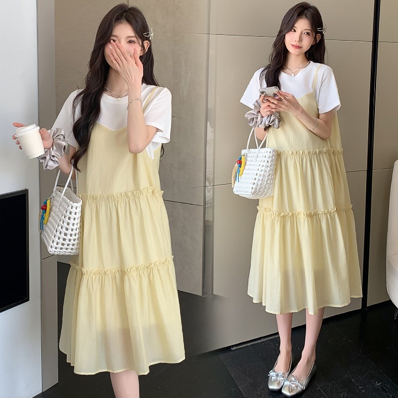 好货孕妇装夏天裙子宽松遮肚假两件拼接雪纺A字裙薄款潮妈休闲连