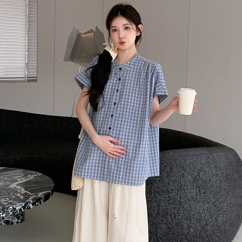 好货孕妇装夏装2025新款套装短袖纯棉格子娃娃衬衫上衣阔腿裤两件