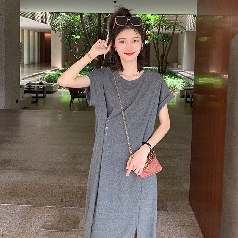 好货孕妇装夏装法式设计感连衣裙中长款开叉t恤裙子夏季短袖上衣