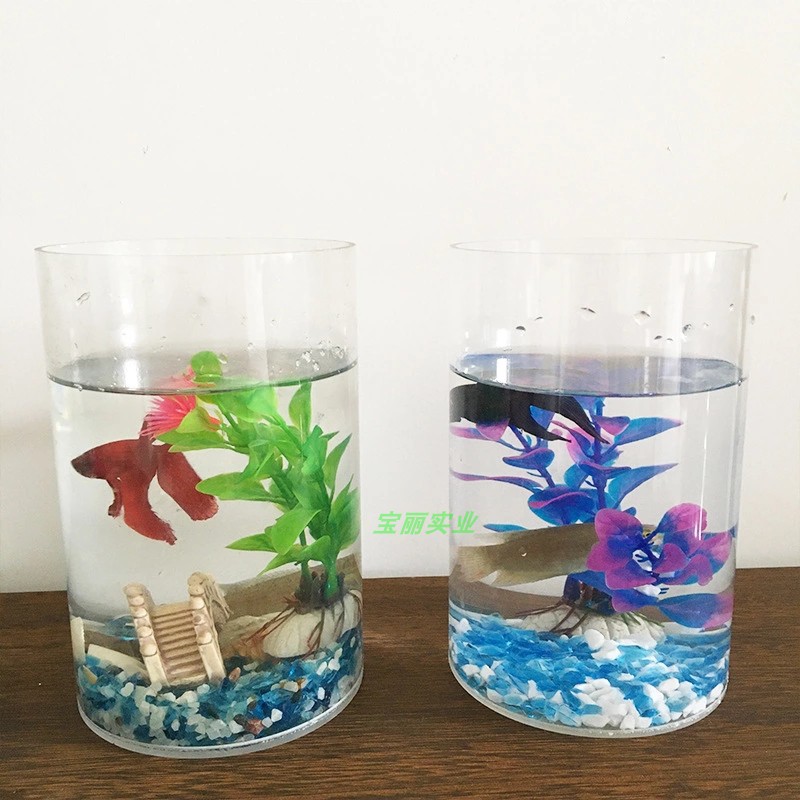 生态鱼缸亚克力圆形微景观瓶桌面创意旋转斗鱼缸小型透明水母缸灯