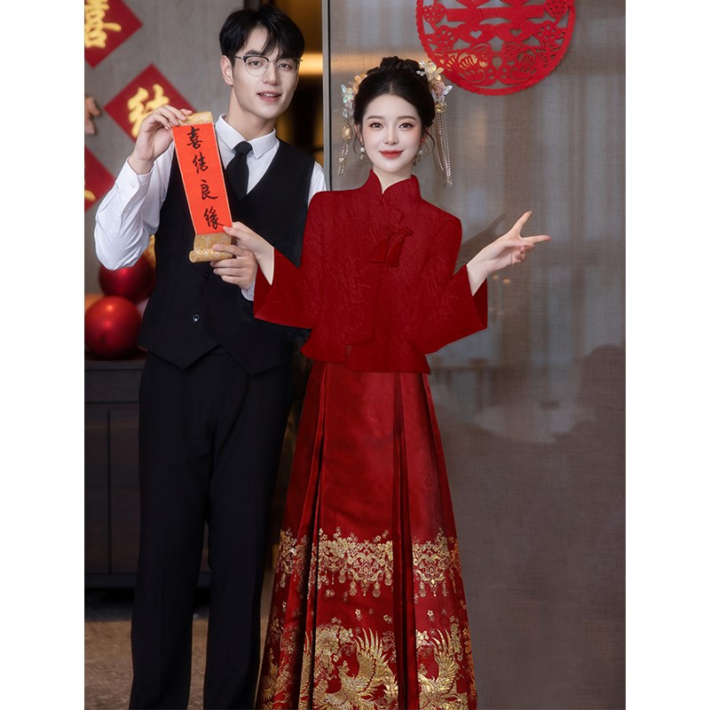 好货新中式国风套装马面裙婚服新娘敬酒服红色旗袍过年服冬季订婚