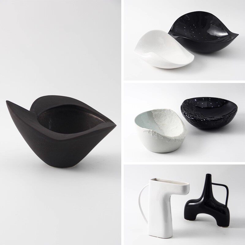 现代轻奢黑白色陶瓷花器果盘家居软装饰品插花瓶客厅餐桌茶几摆件