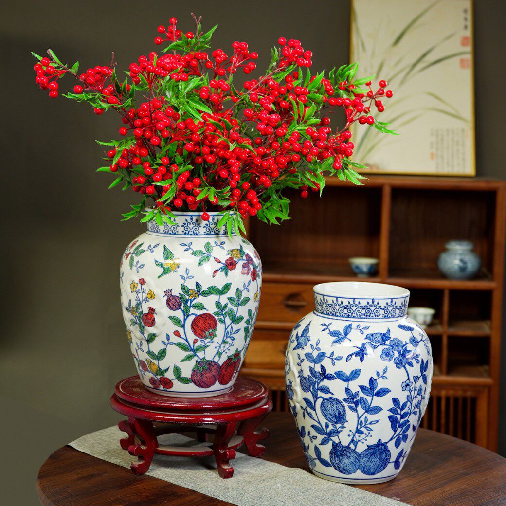 陶瓷花瓶仿古青花手绘花瓶创意博古架陶瓷摆件彩绘插花花瓶高级感
