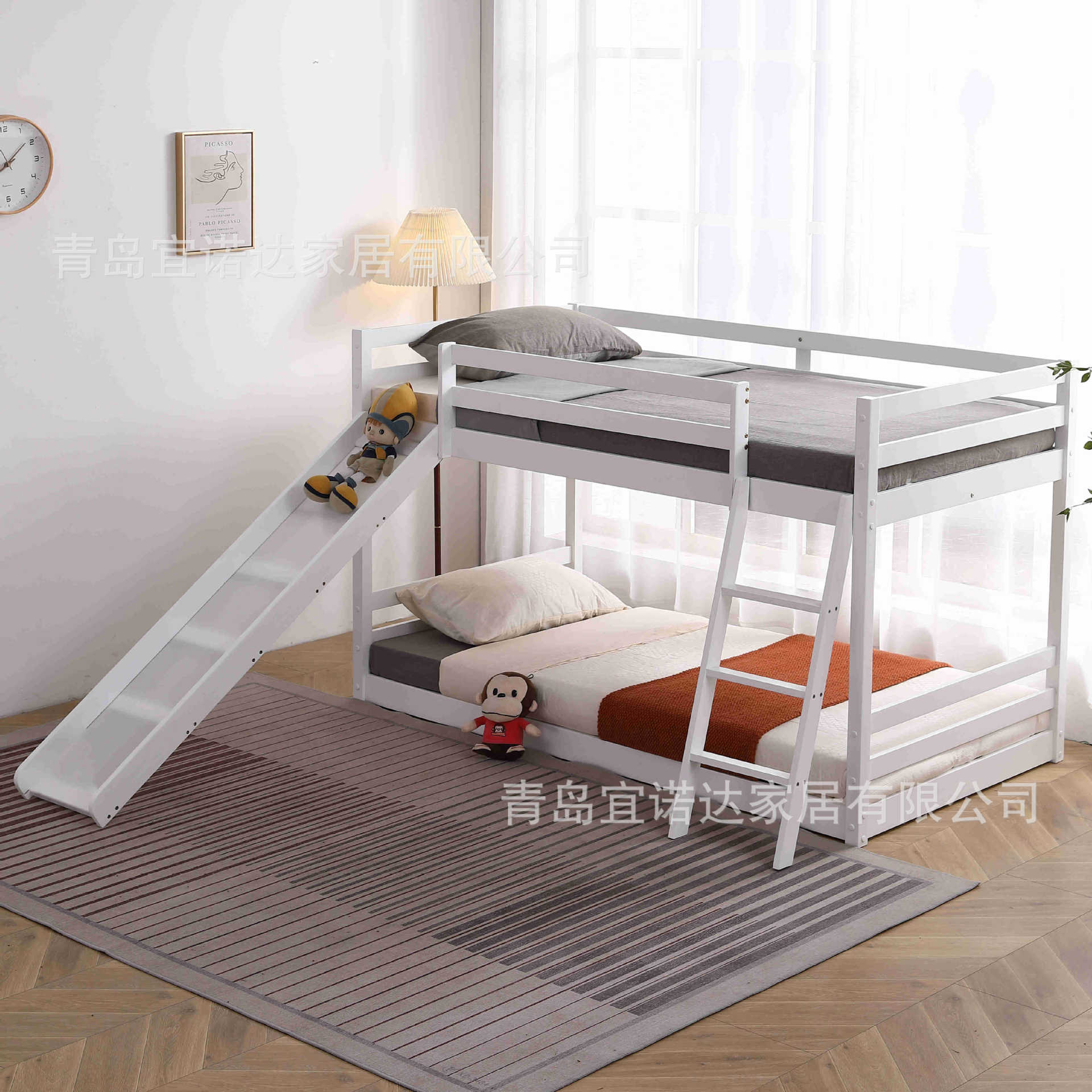 儿童卧室娱乐多功能滑梯楼梯松木双层床上下床,外贸实木双层床