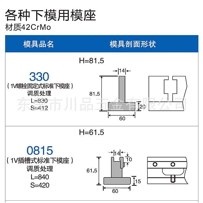 川品东莞供应数控折弯机模具配件 1V插槽式标准下模座 金方圆黄锻