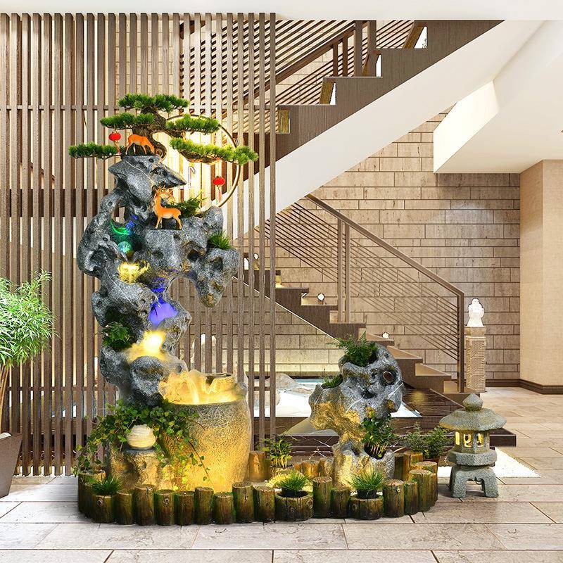 中式循环流水摆件楼梯下造景阳台角落假山喷泉落地招财庭院景观