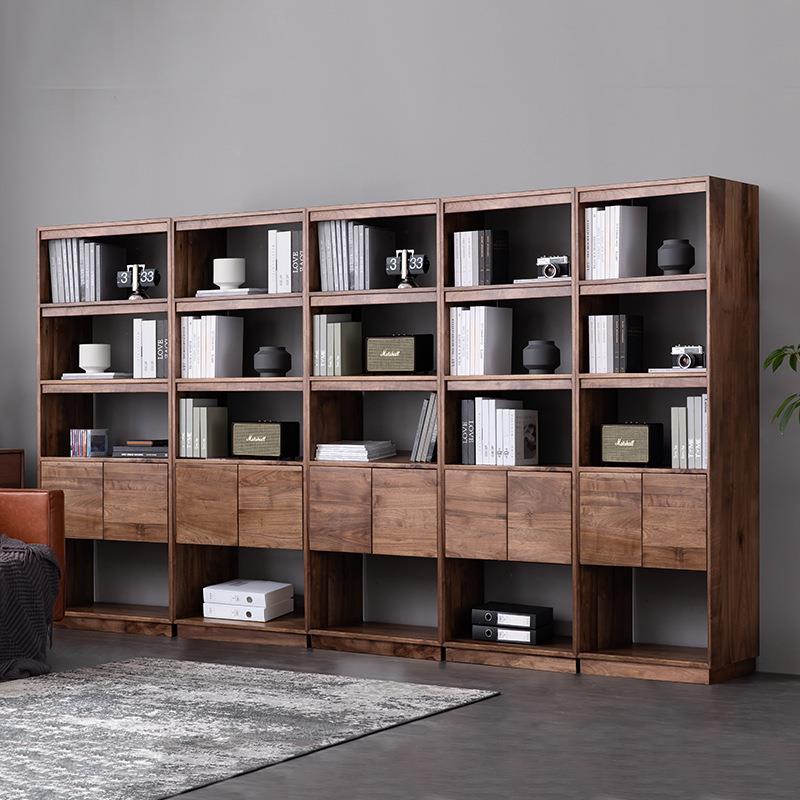 现代简约黑胡桃木全实木书柜带门书房家用置物架书架落地柜置物柜