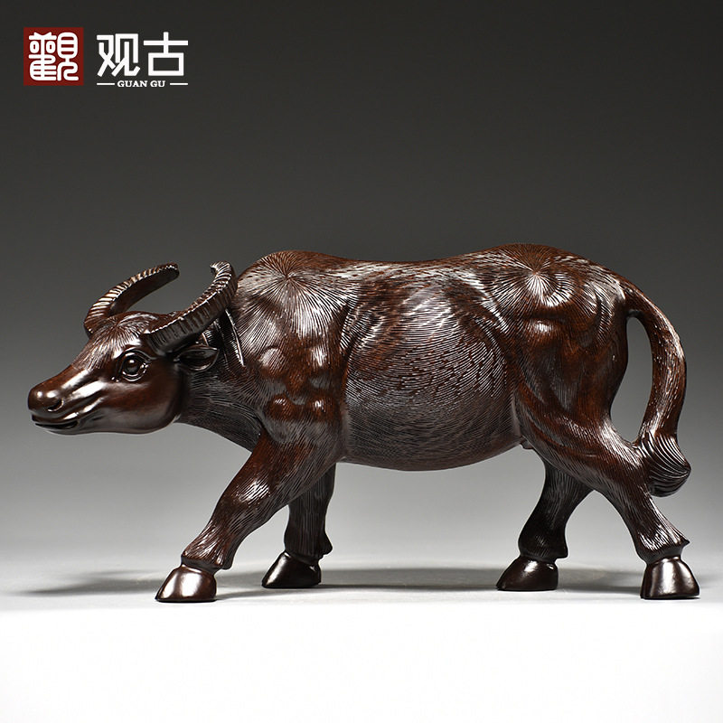 黑檀木雕牛摆件牛气冲天实木水牛工艺品十二生肖动物客厅开业送礼
