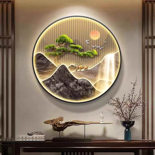 入户圆形玄关装饰画金山图新中式山水画挂画走廊过道壁画茶室灯画