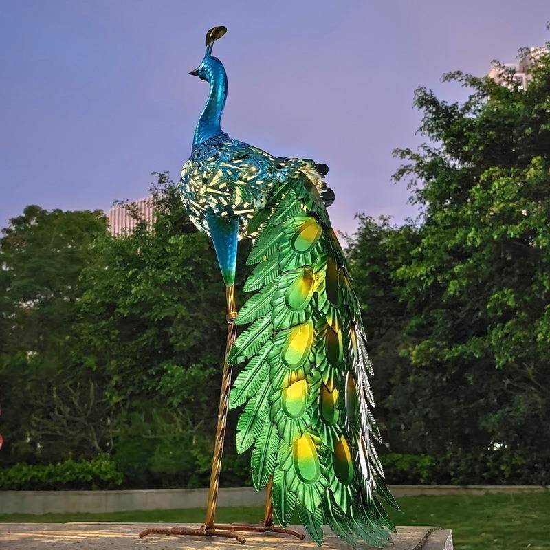 外贸热销欧美户外草坪铁艺工艺品太阳能灯拖尾孔雀蓝绿色动物摆件