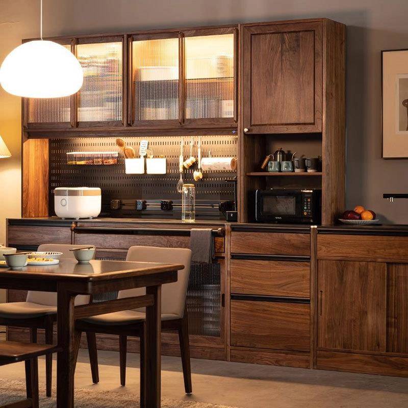 北美黑胡桃餐边柜实木岩板橱柜储物柜客厅一体靠墙展示柜北欧高柜