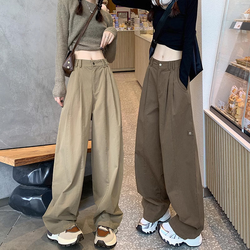 卡其色美式工装裤子女款春秋季2025年新款高腰宽松休闲运动阔腿裤