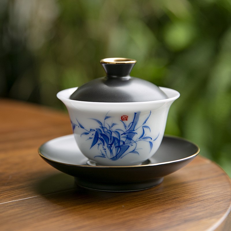 手绘冰种玉瓷盖碗茶杯釉下彩陶瓷单个三才功夫泡茶碗高档茶具套装
