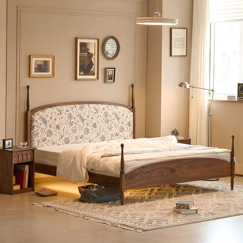 北美黑胡桃木软靠背床法式复古床1.8米轻法式床现代简约家用婚床