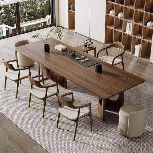 新中式实木餐桌椅组合原木大板茶盘一体泡茶台简约家用办公泡茶桌