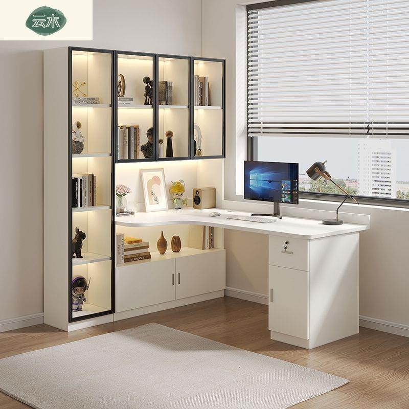 简约书桌书架一体桌实木转角电脑桌台式家用学生写字桌带书柜桌子