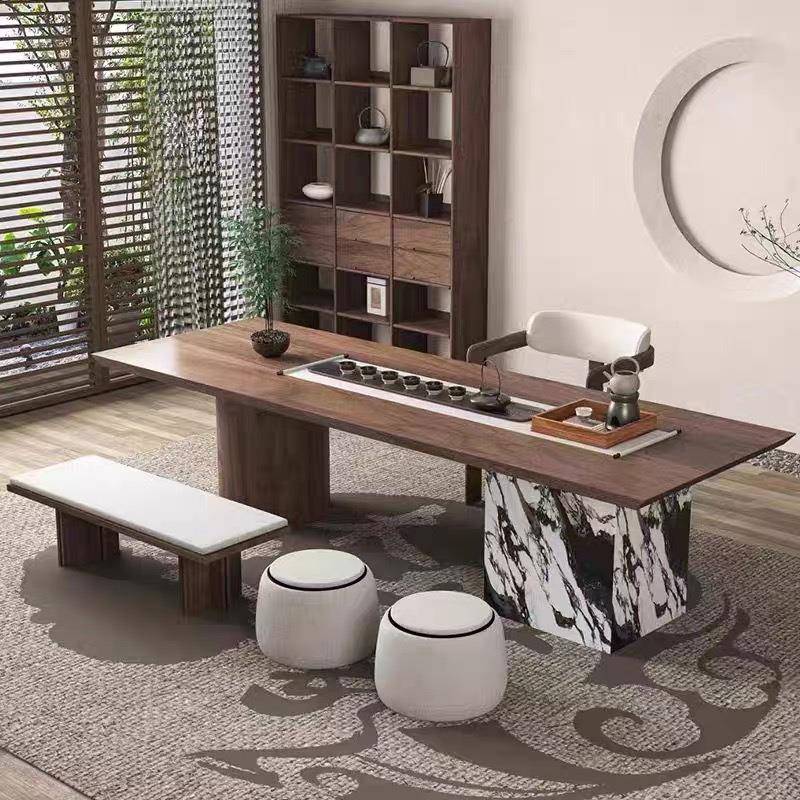 轻奢岩板茶桌新中式实木简约别墅家用办公茶台现代意式茶桌椅组合