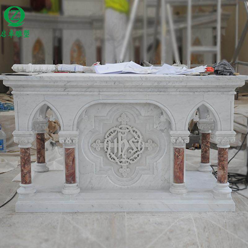 现货大理石教堂祭台桌汉白玉拼圣餐桌石雕圣像圣读经台