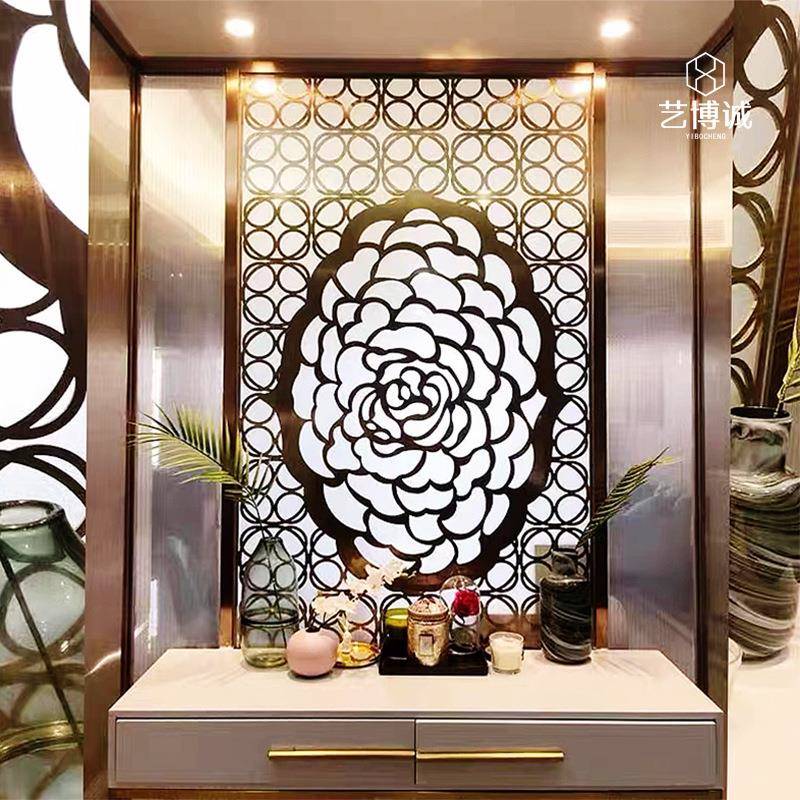 餐厅轻奢玫瑰花铝雕金属屏风隔断装饰大堂入户不锈钢花格屏风制品