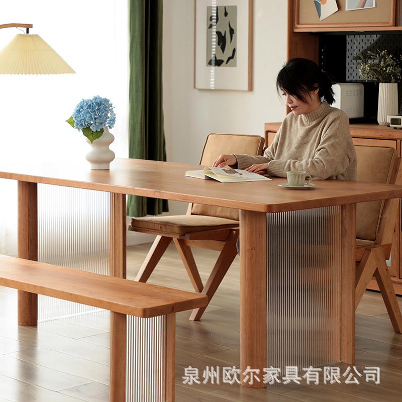 北欧樱桃木餐桌家用客厅实木玻璃长桌卧室书房日式大板工作台书桌