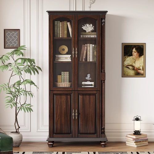 美式复古书柜带玻璃门家用实木两门书柜客厅黑胡桃木展示柜储物柜
