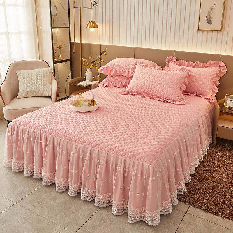 新款罩公主风纯上色蕾丝花边夹棉床四件套绗缝裙床奶油风IEN床用