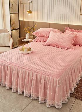 新款罩公主风纯上色蕾丝花边夹棉床四件套绗缝裙床奶油风IEN床用