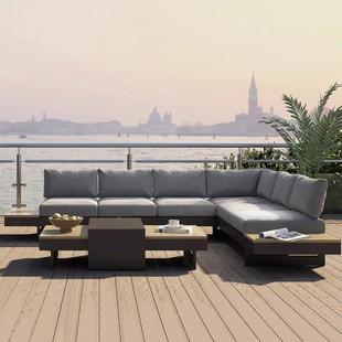 户外沙发庭院柚木铝合金木防水/海坐垫防晒茶几绵组合露天实沙布