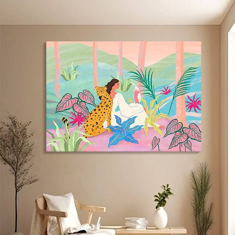多巴胺新款树林抽象豹子女孩绿植客厅装饰画儿童房挂画图片