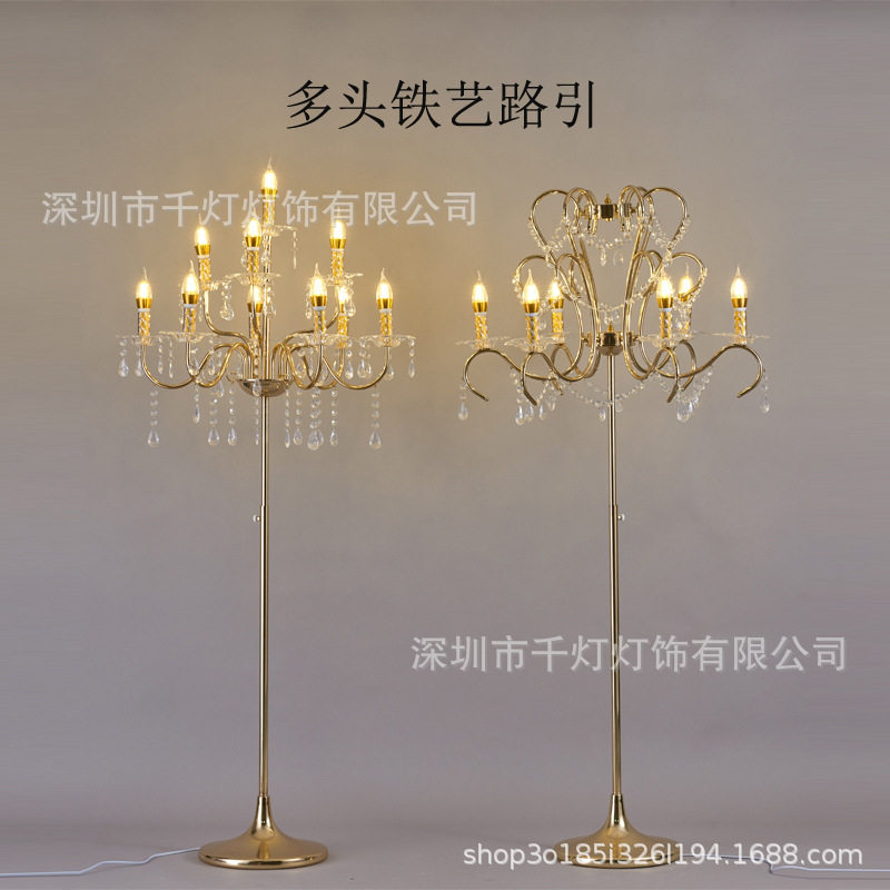 婚礼婚庆舞台布置道具铁艺电镀金色多头水晶路引立式T台装饰灯