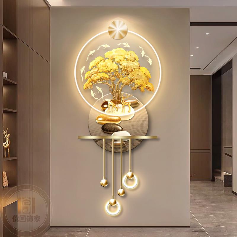 入户正对门发财树玄关装饰画新中式走廊过道挂画立体轻奢发光壁画图片