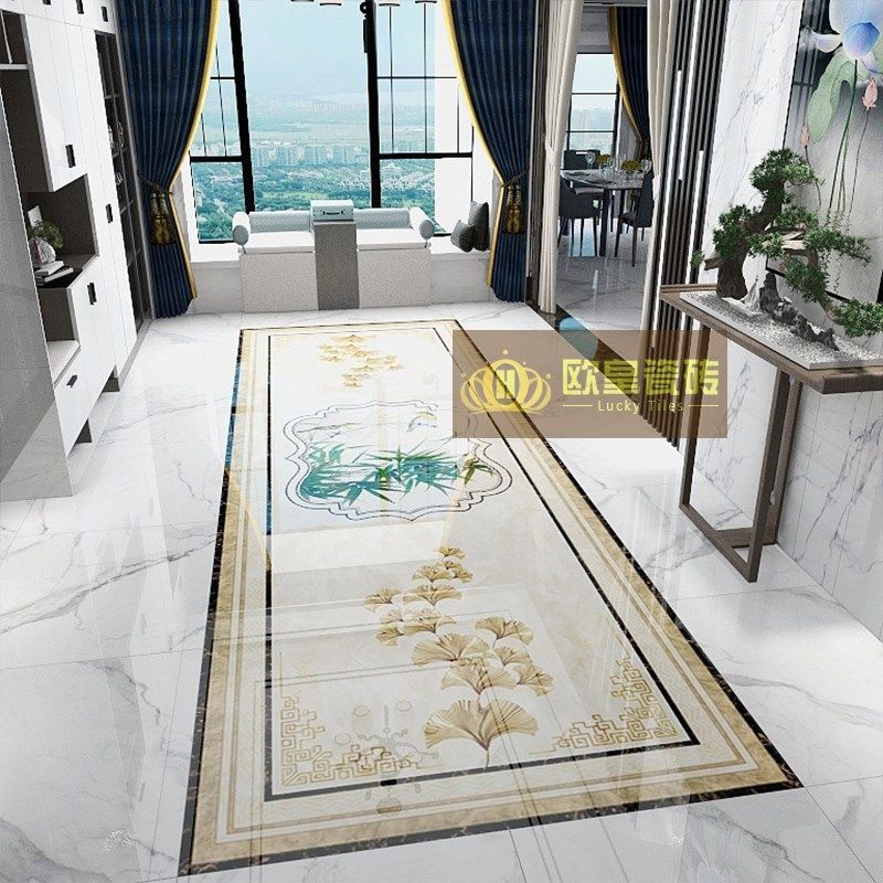 新中式玄关走廊拼花地砖进门过道入户拼图造型瓷砖800x800抛晶砖